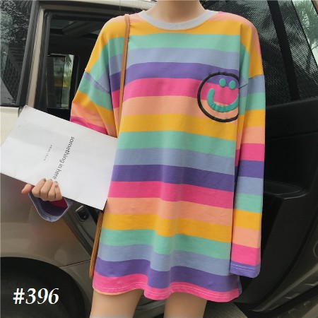 Kaos Garis Wanita Kaos Korea Kaos Lengan Panjang Longgar Kaos Dicetak