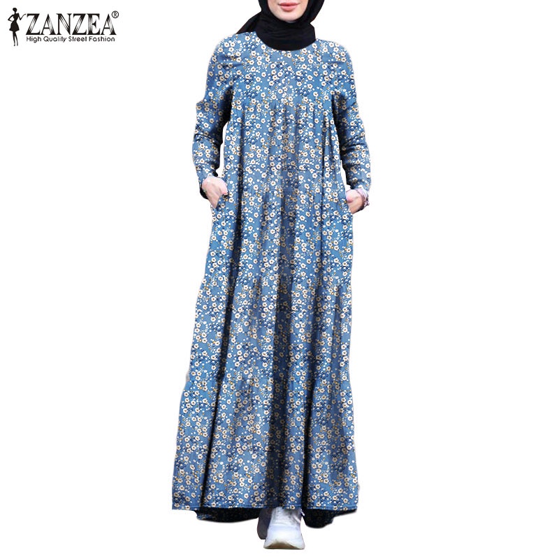 ZANZEA Women Full Sleeve Vintage Back Zipper Printed Muslim Long Dress