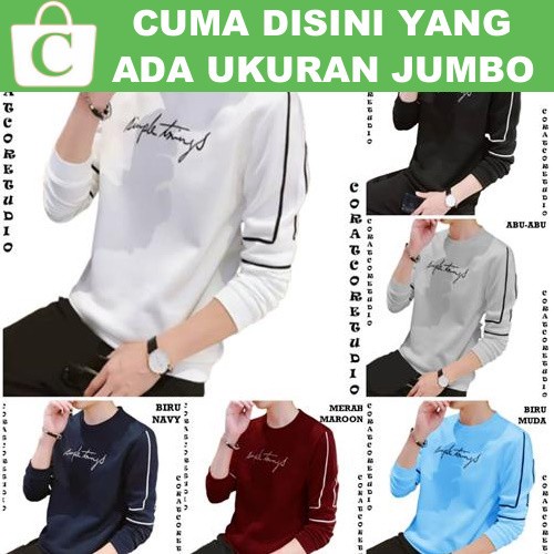 KAOS PRIA KOREA GARIS PANJANG BORDIR KATA PUTIH HITAM ABU BIRU MERAH BIG SALE