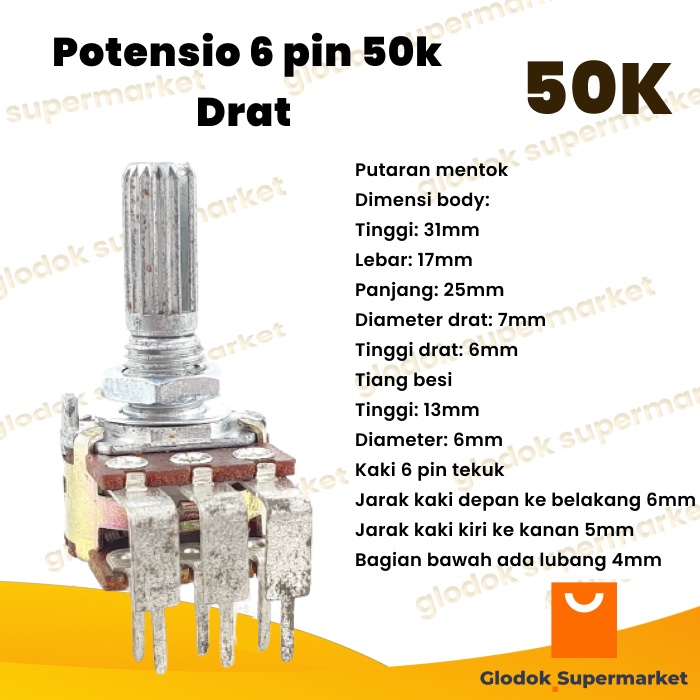 Potensio 6 pin 50k Drat Stereo Kaki 6 Tekuk 503