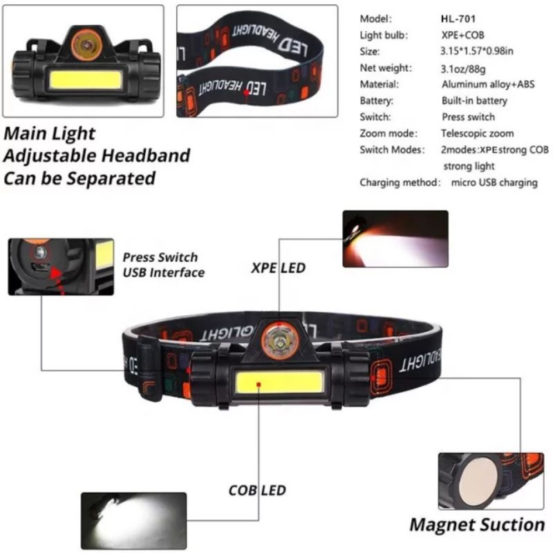 senter kepala LED cas 2 in 1 sorot jauh dekat headlamp XPE super terang