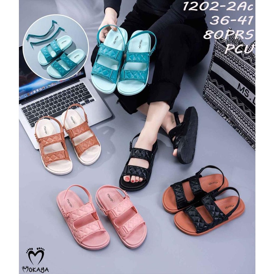 Sandal Let Jelly Wanita Ban 2 Motif Kotak 2in1 (Tali Let Bisa di Lepas) Super Cantik Simple Elegant Import Mokaya / Size 36-41 (1202-2Ac)