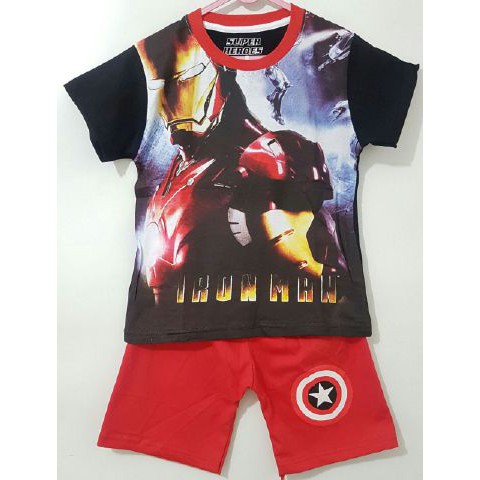 Baju kaos setelan celana motif IRONMAN MARVEL superheroes size 1-6 bahan katun