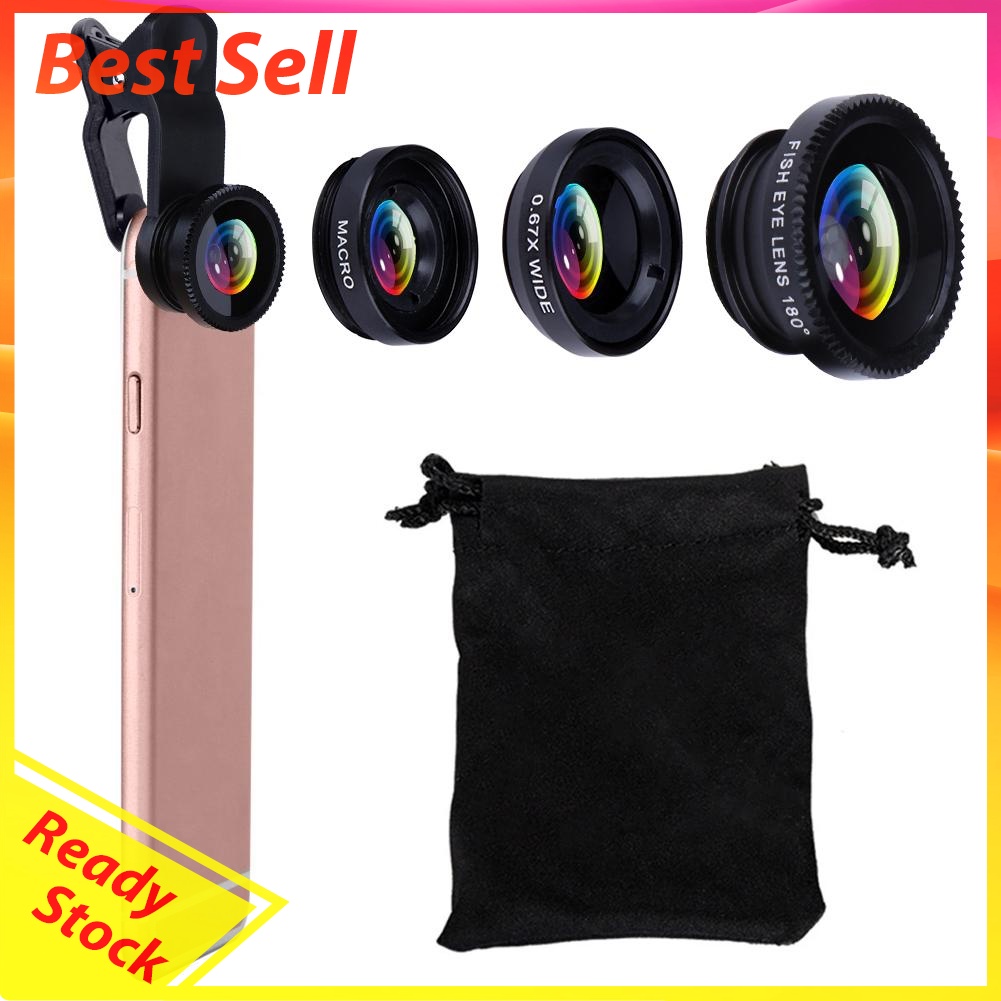 Clip 3-in-1 180 Fish-Eye Lens+Wide Angle Lens+Macro Lens Black