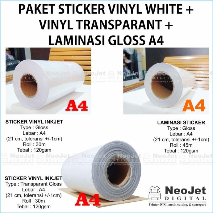 

Paket Sticker Stiker Vinyl White Transparant Laminasi Gloss 120 gsm A4