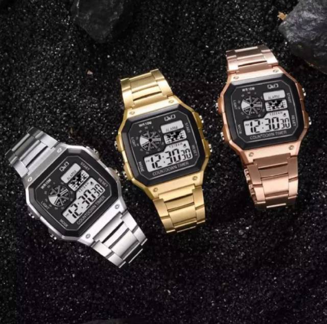 Jam Tangan Pria Kasual Sport Digital QQ Segi Strap Rantai Steel 4 warna