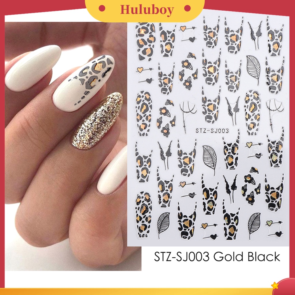 Huluboy Huluboy♡ 9 Pcs Stiker Kuku 3D Motif Print Garis Abstrak Leopard Warna Rose Gold Dengan Perekat