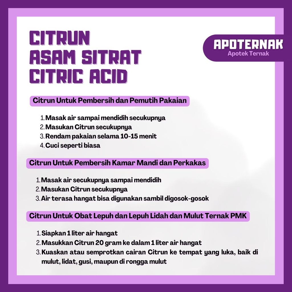 CITRIC ACID Repack 500 gram | Sitrun / Citrun / Sitrat / Asam Sitrat / Citric Acid Monohydrate | Obat PMK Luka Lepuh Sapi Lidah