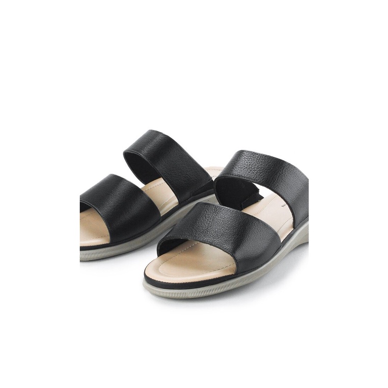 SANDAL FLAT KULIT OBERMAIN WANITA ORIGINAL SLIDE TERBARU HITAM OW05