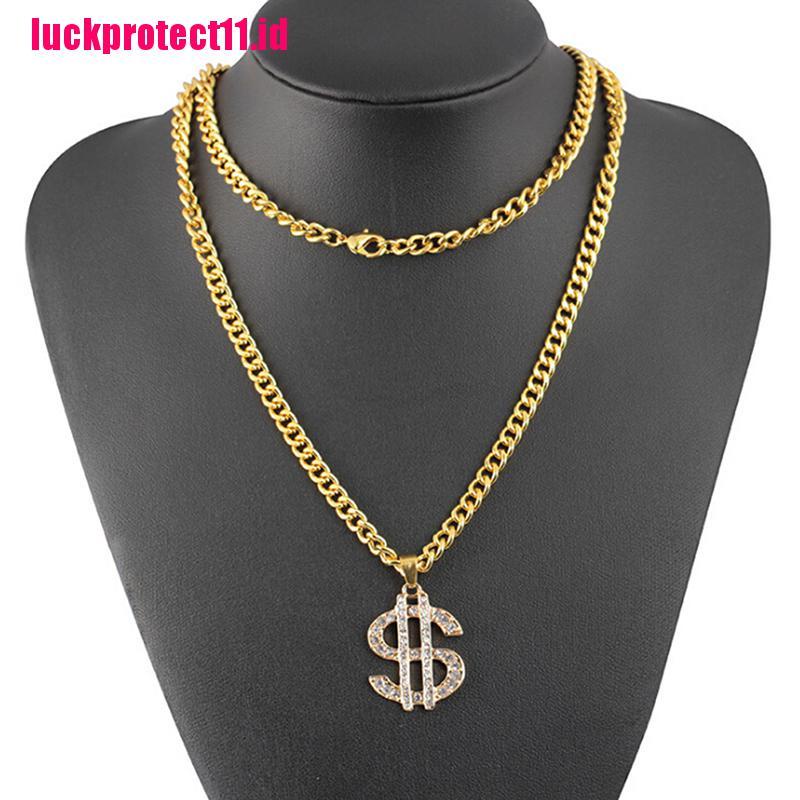 (LUCK) Kalung Rantai Lapis Emas Dengan Liontin Tanda Dollar Kristal Gaya Hip Hop Untuk Wanita