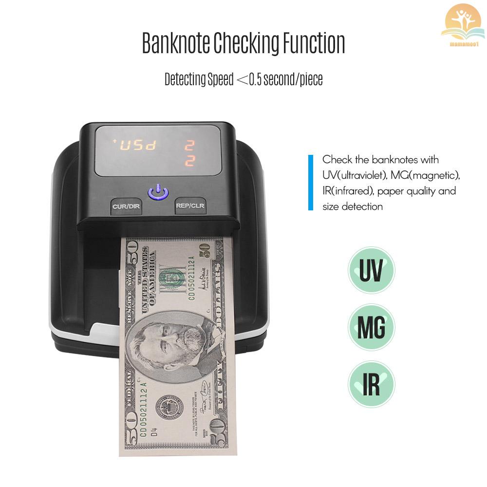 Portable Small Banknote Bill Detector Denomination Value Counter UV/MG/IR Detection with Battery Counterfeit Fake Money Currency Cash Checker Tester Machine for USD EURO