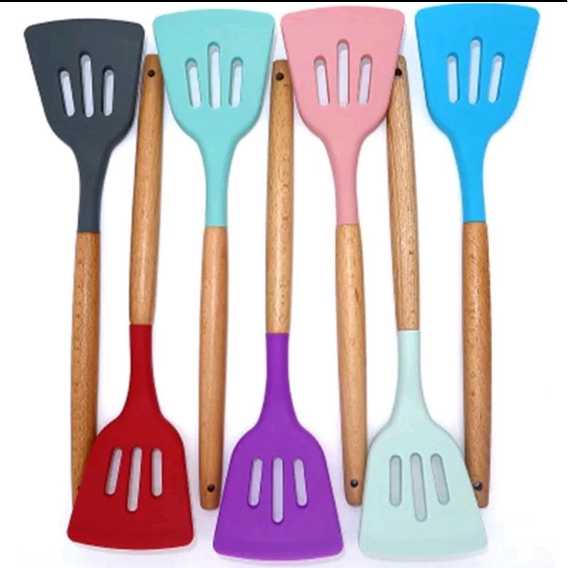 Sodet lubang-sutil gagang kayu warna lubang- spatula anti panas - alat masak murah lucu