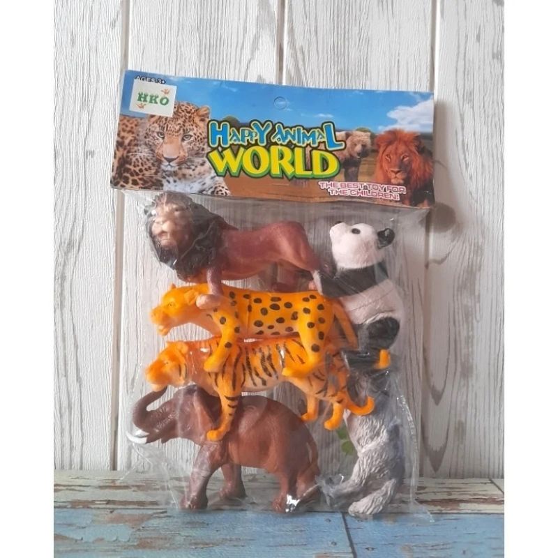 Mainan anak hewan jumbo/binatang/HAPPY ANIMAL WORLD/ serigala harimau gajah panda singa macan tutul 