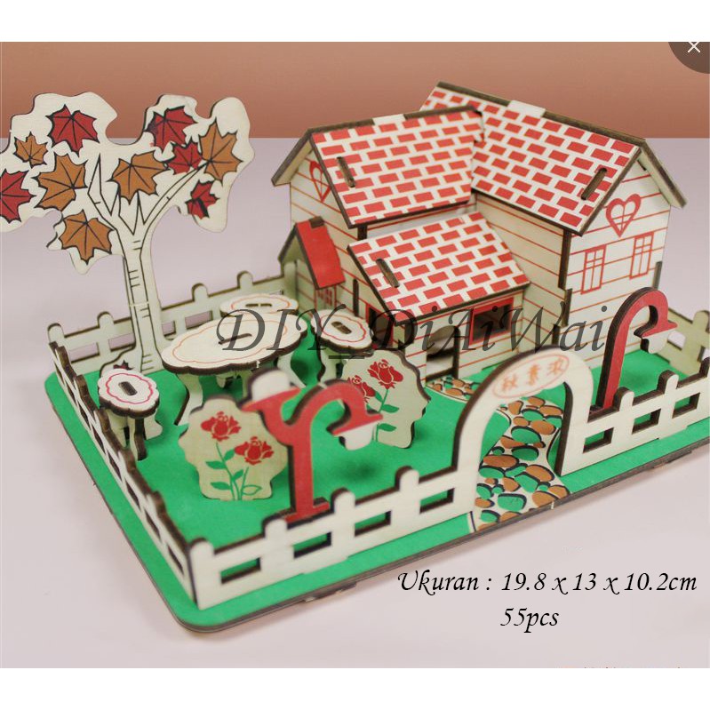 Puzzle 3D DIY bahan kayu model Villa Daun Maple mainan puzzle edukasi anak kado, pajangan