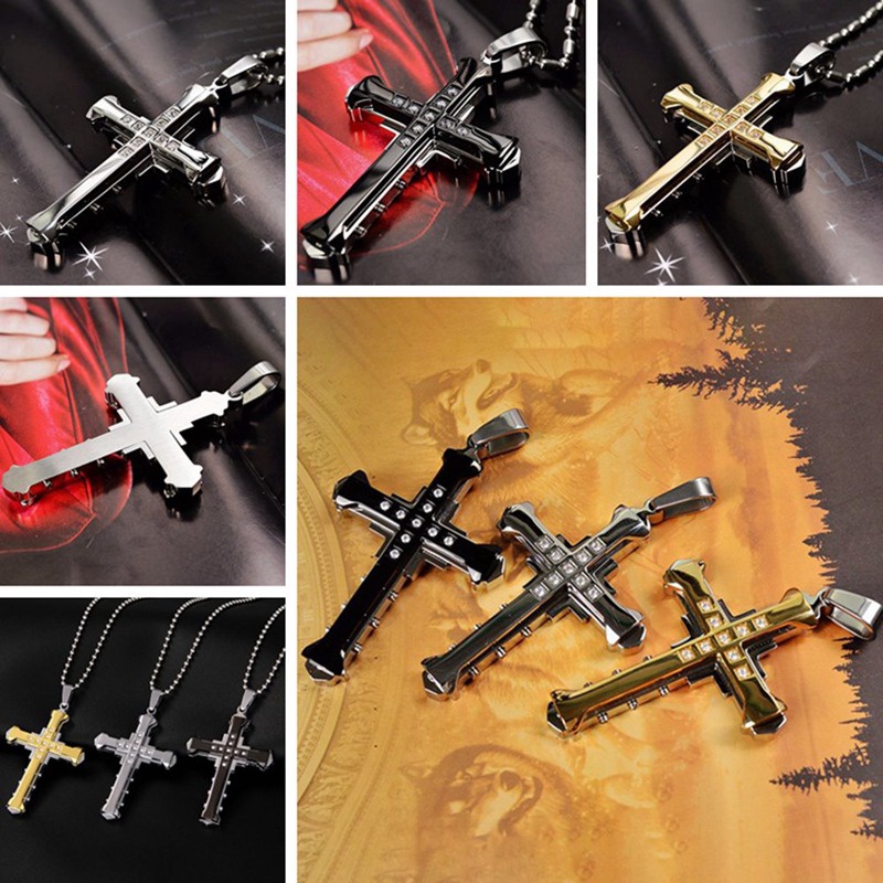 Crystal Cross Pendant Silver Gold Black Stainless Steel Zirconia Jesus Cross Pendant Necklace