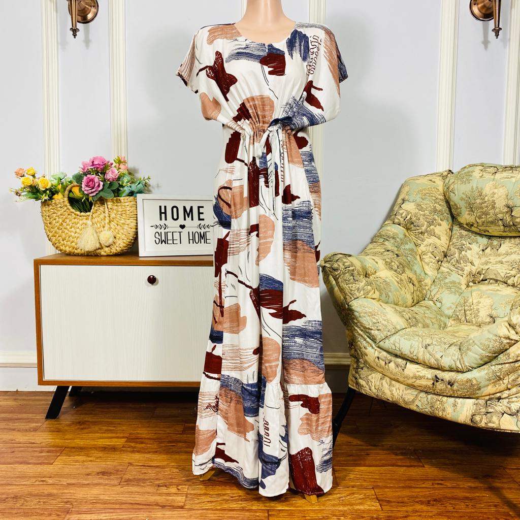 Daster Semata kaki Rayon Manohara Ruffle Busui Panjang Semata Kaki LD 120 Long Dress kekinian - Longdress semata kaki-Abstract White