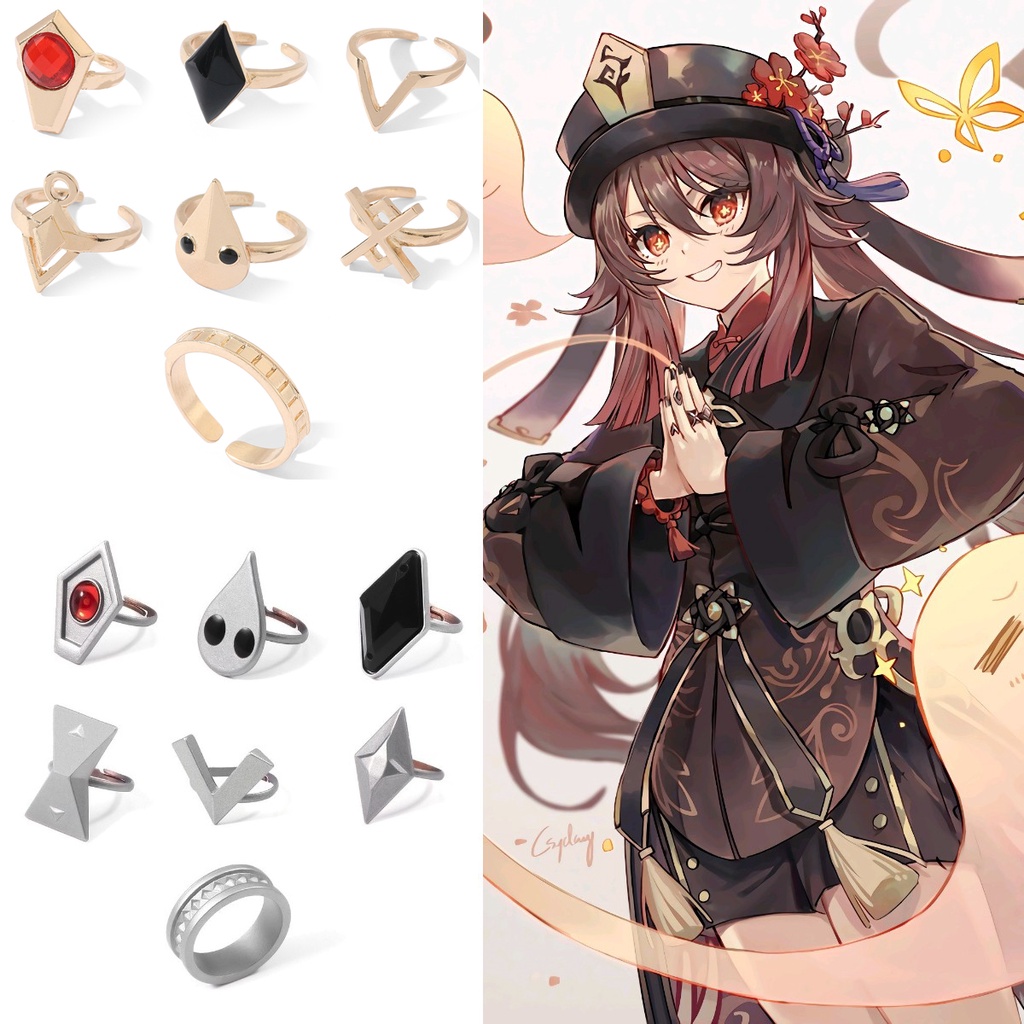 7pcs / Set Cincin Adjustable Desain Anime Genshin Impact Hu Tao Untuk Kostum Cosplay