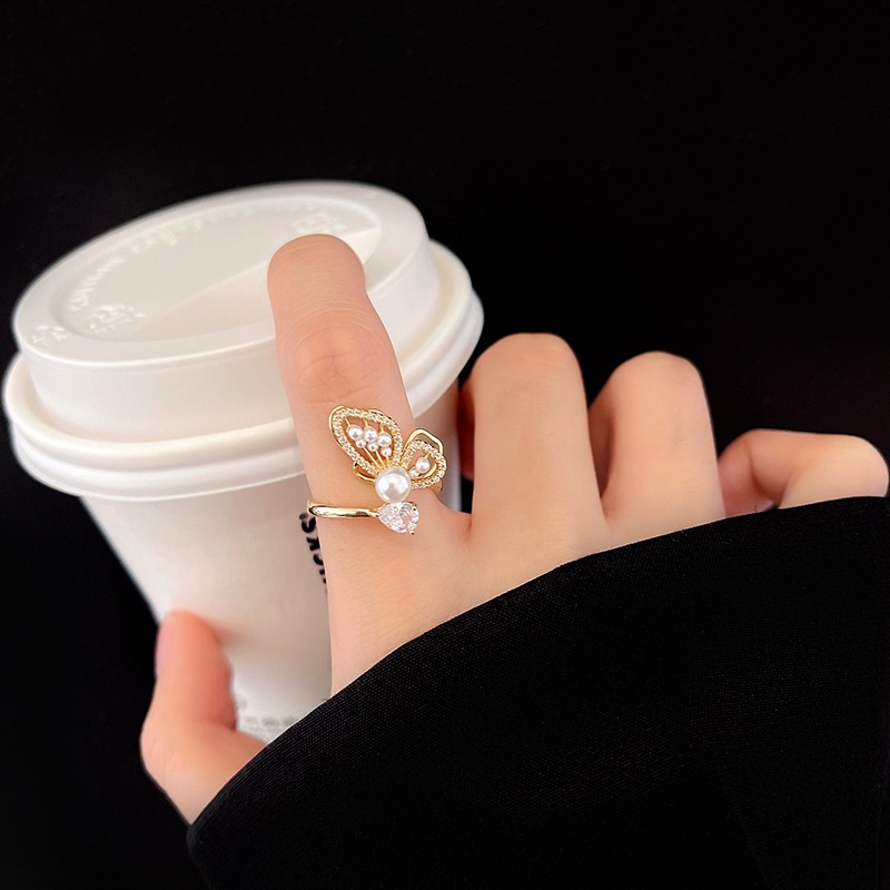 Shuling Butterfly Pearl Zircon Ring Female ins tide Fashion Adjustable Rings