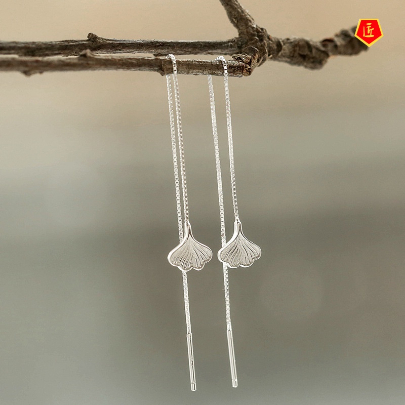 [Ready Stock]Ginkgo Leaf Tassel Earrings Temperament Long