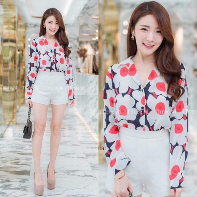 BAJU KEMEJA WANITA LENGAN PANJANG IMPORT TERBARU KOREAN STYLE MOTIF BUNGA PAKAIAN KERJA WANITA 8230