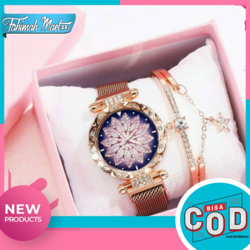 Jam Tangan Wanita & Gelang Titanium Tali MAGNET MOTIF BUNGA