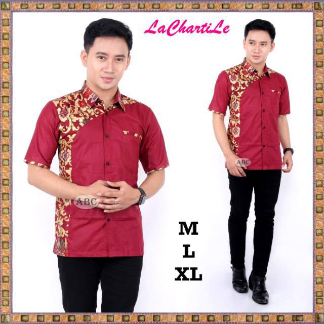 Hem Kombinasi Prada Merah Marun | Kemeja Hem Pria Pendek Maroon Kombinasi Katun Batik Pekalongan