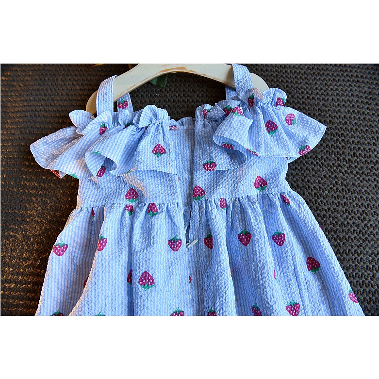 Dress Anak Perempuan Ruffle Motif Strawberry Tanpa Lengan + Bandana