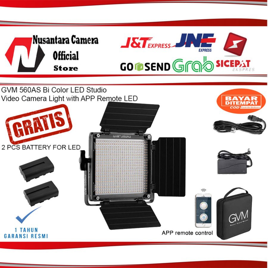 PAKET BATTERY - GVM 560AS Bi Color LED Studio Video Camera Light lampu shooting