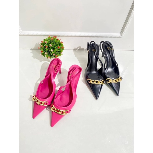 Sepatu Kulit Hak Tinggi Rantai Emas Wanita ZR Leather Gold Chain Slingback High Heels 9,5cm Premium 