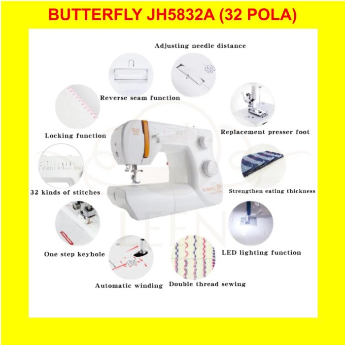 Mesin Jahit Portable BUTTERFLY JH 5832A 32 Pola Multifungsi ORI JH5832A LEEN