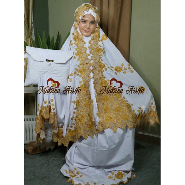 mukena bordir padang set tas putih gold