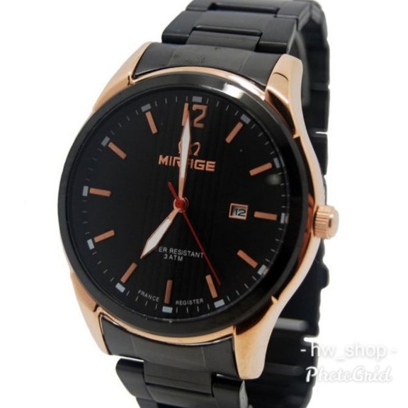 Jam Tangan Pria Mirage Original 7570 Hitam Rosegold Stainless Steel Anti Air 3 ATM