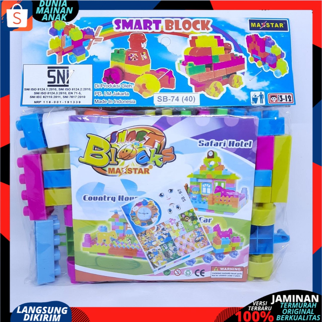 Smart Block Balok Susun 1 PACK ISI 40 PCS Mainan Anak DIY Building Block Bonus Panduan Aneka Bentuk