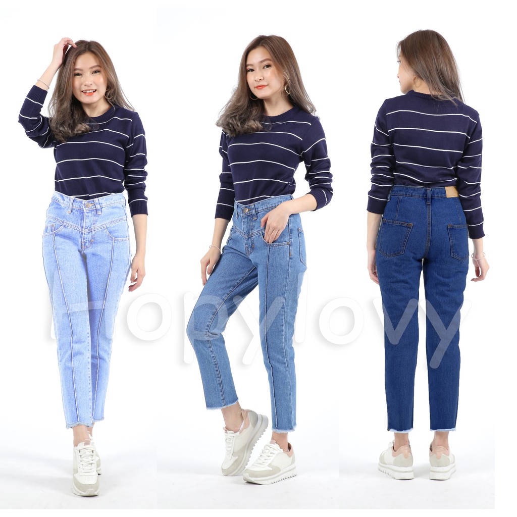 HOPYLOVY - Celana Boyfriend Jeans Wanita Model Garis Tulang Depan