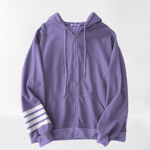 HOODIE ZIPPER WANITA STRIP HAND FLEECE TEBAL