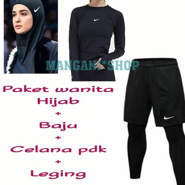 PAKET OLAHRAGA LENGKAP WANITA HIJAB BAJU MANSET LEGGING CELANA PANJANG PENDEK SPORT SEPEDA LARI