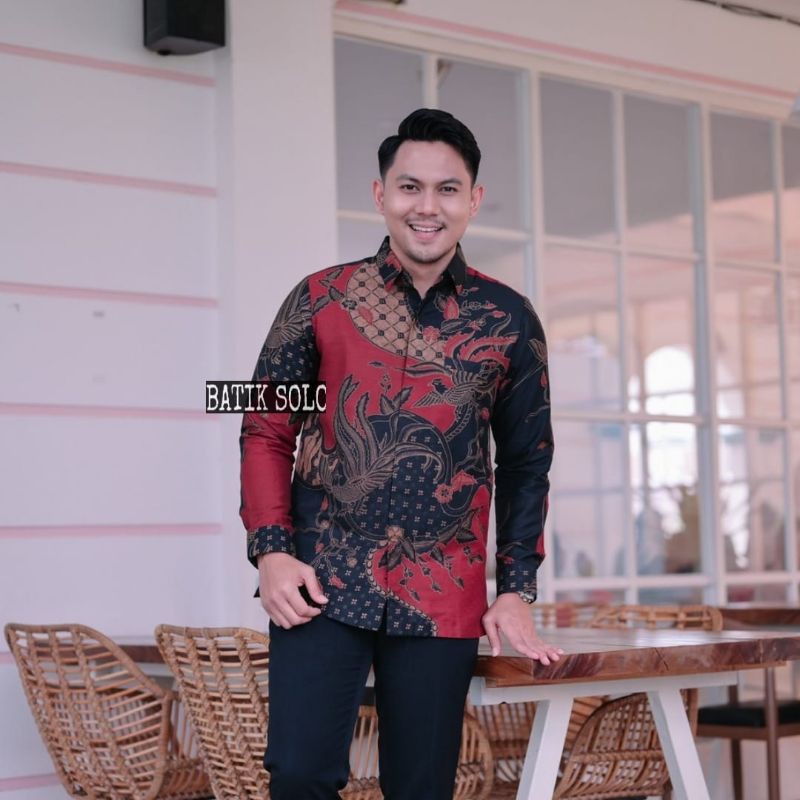 KEMEJA BATIK PREMIUM LENGAN PANJANG WARNA MERAH BATIK PRIA WARNA MERAH EKSKLUSIF LAPIS FURING