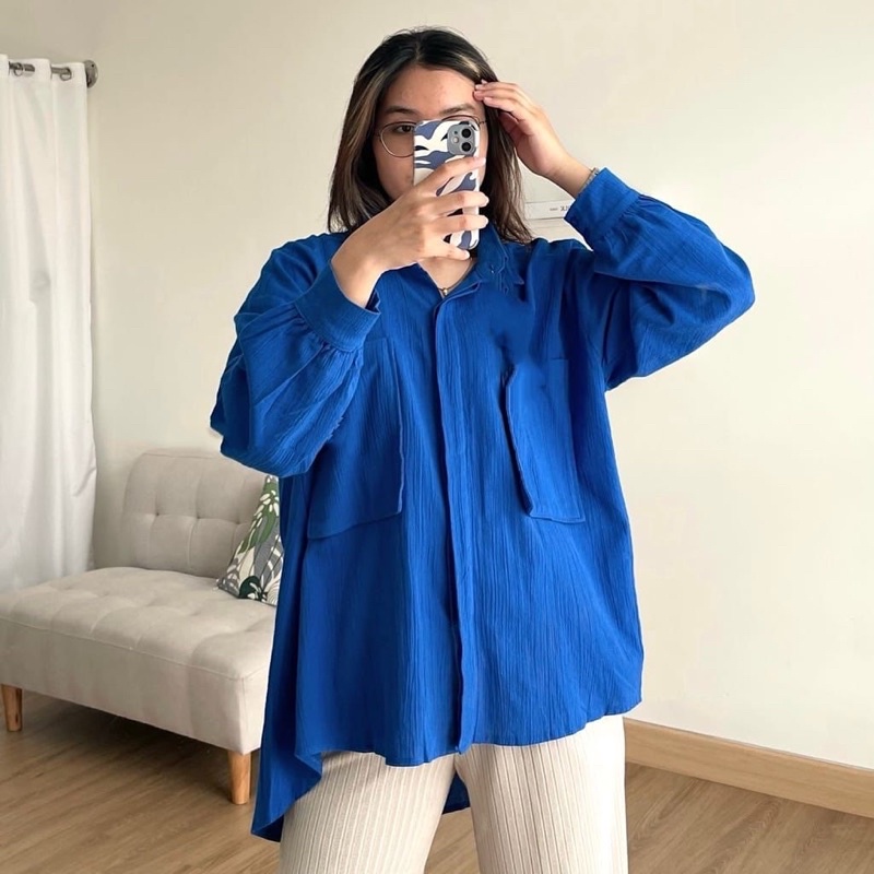 Niki Shirt Oversize Kemeja Basic Linen Crincle Jumbo Atasan Wanita LD 120