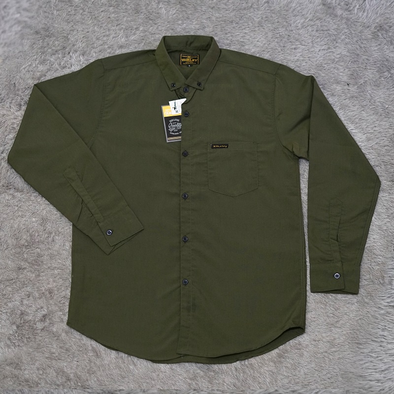 Kemeja Hijau Army Pria Polos Lengan Panjang Slimfit Hurley