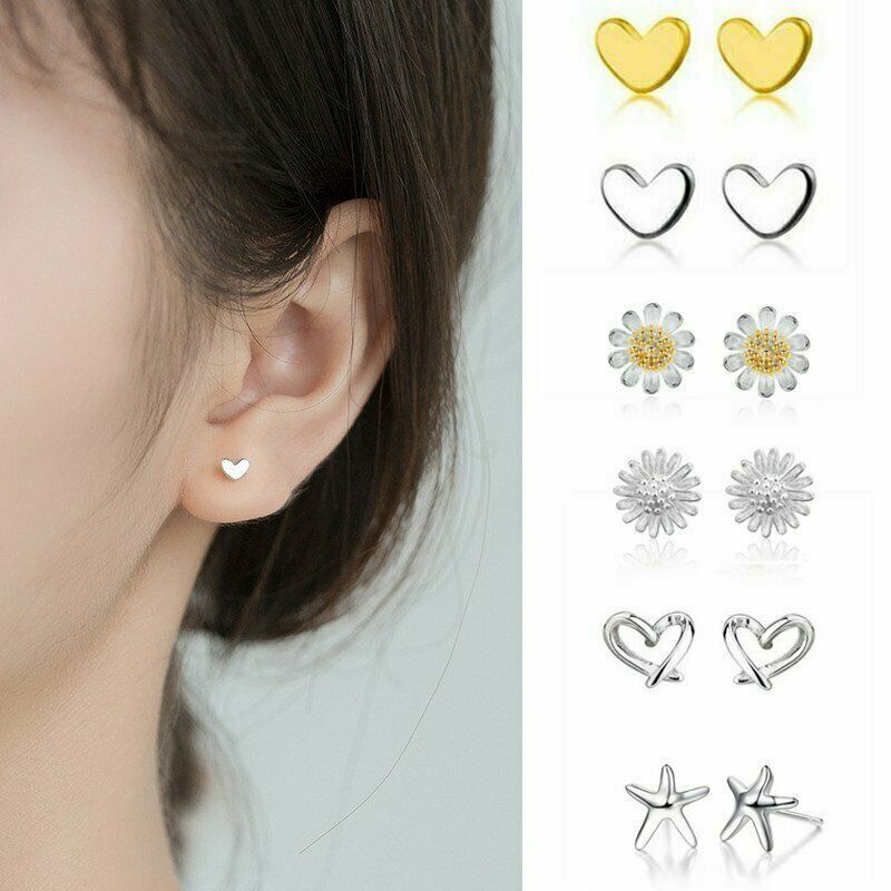 925 Silver Zircon Pearl Women Heart Flower Mini Earrings Ear Stud Jewelry Gifts