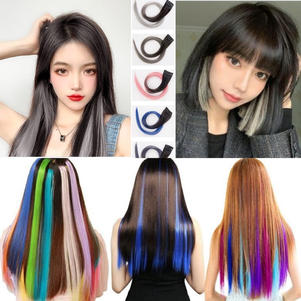 Wig Jepit rambut palsu lurus untuk harian pesta Hariclip highlight wig / hair clip on extention ombre warna warni abu putih