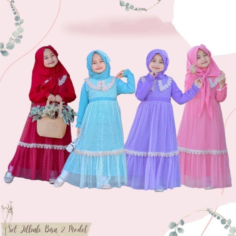 Gamis Lebaran Tiara Kids + jilbab / Brukat syar'i kids/baju anak perempuan 7 tahun /gamis anak musli
