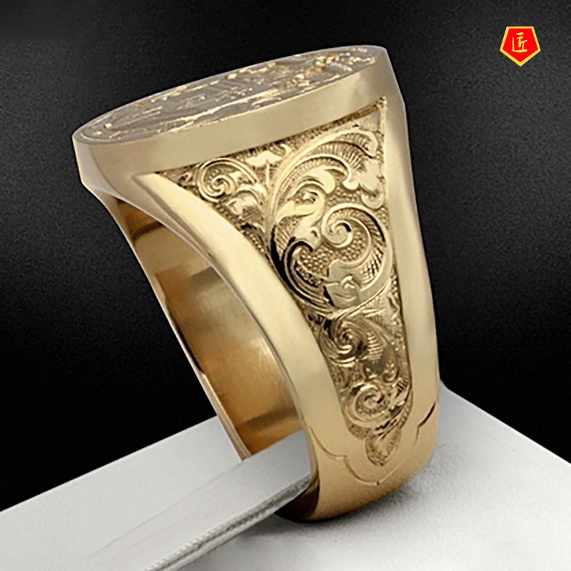 [Ready Stock]18K Gold Vintage Godfather Ring Exquisite Engraving