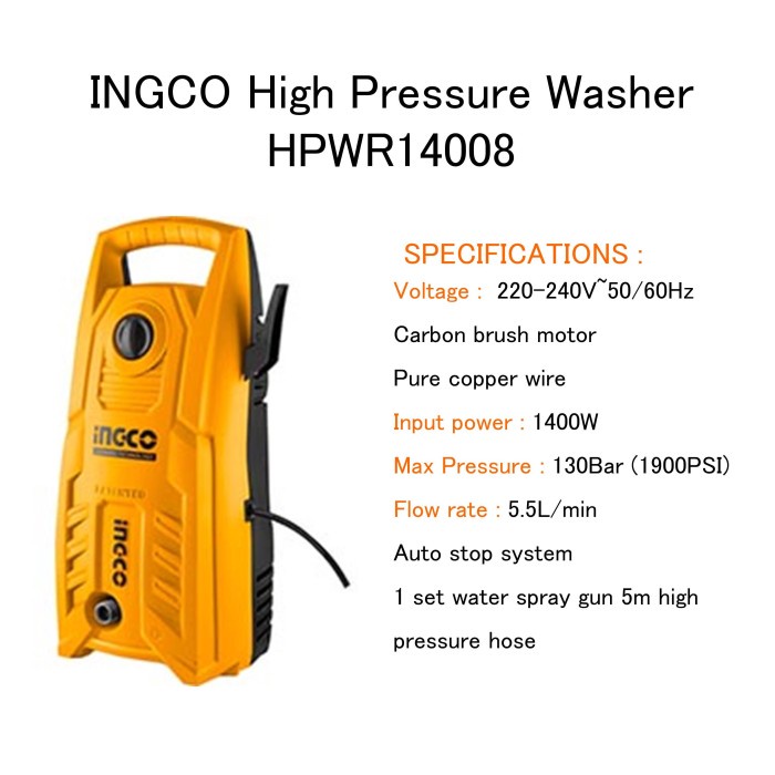 Jet Cleaner (130 Bar) INGCO HPWR14008 - Mesin Steam Cuci Mobil Motor