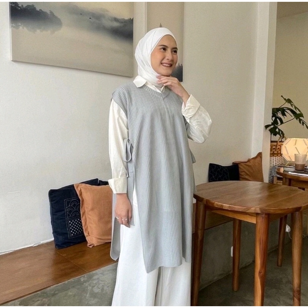 Vest Rajut Salur Kerah V Panjang / Rompi Rajut Premium /Vest Rajut Oversize Panjang