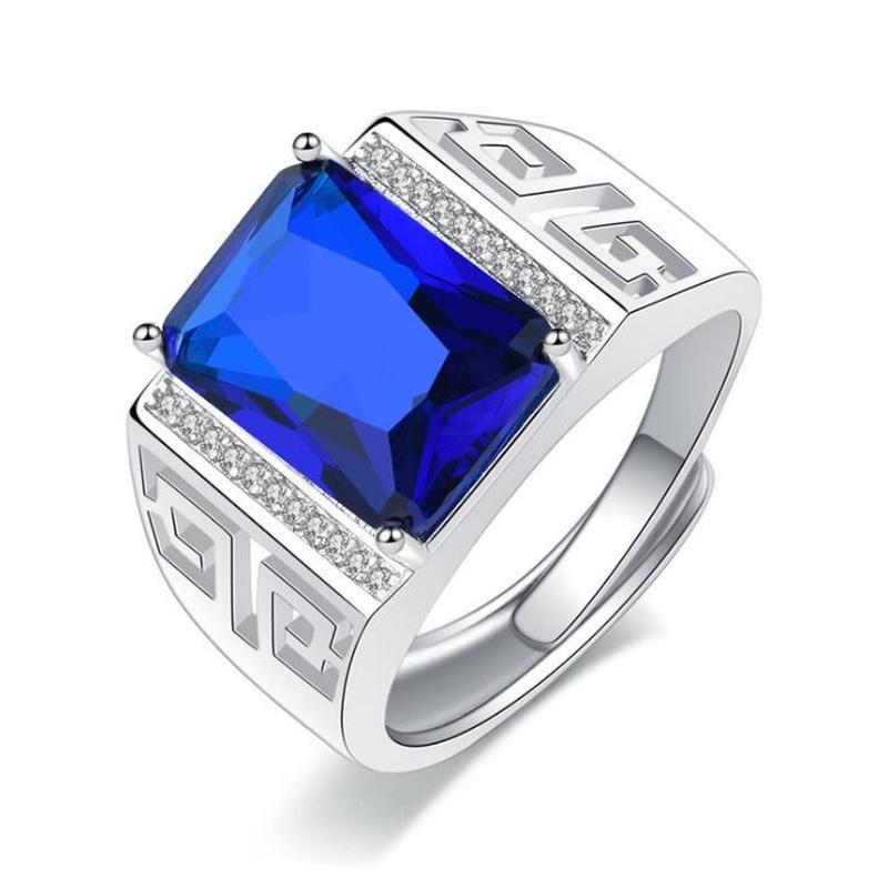 Cincin Jari Pria Berlian Platinum Safir Fashion Baja Titanium Perak Kristal Biru Rings