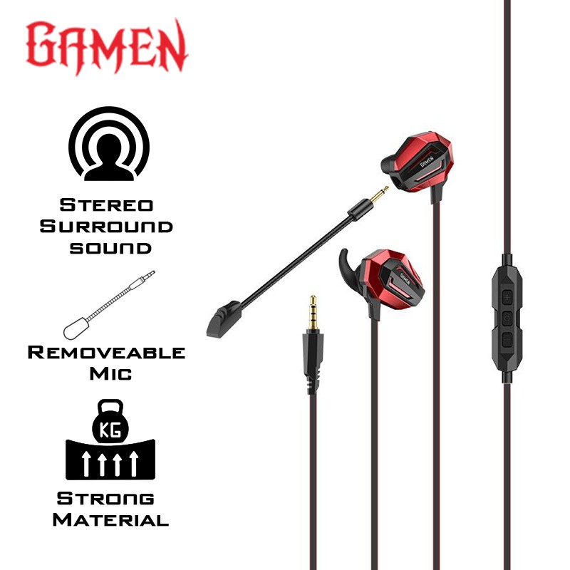 GAMEN GE100 Dual Microphone Virtual Stereo Surround Sound In-ear Gaming Headset Black Red-Garansi