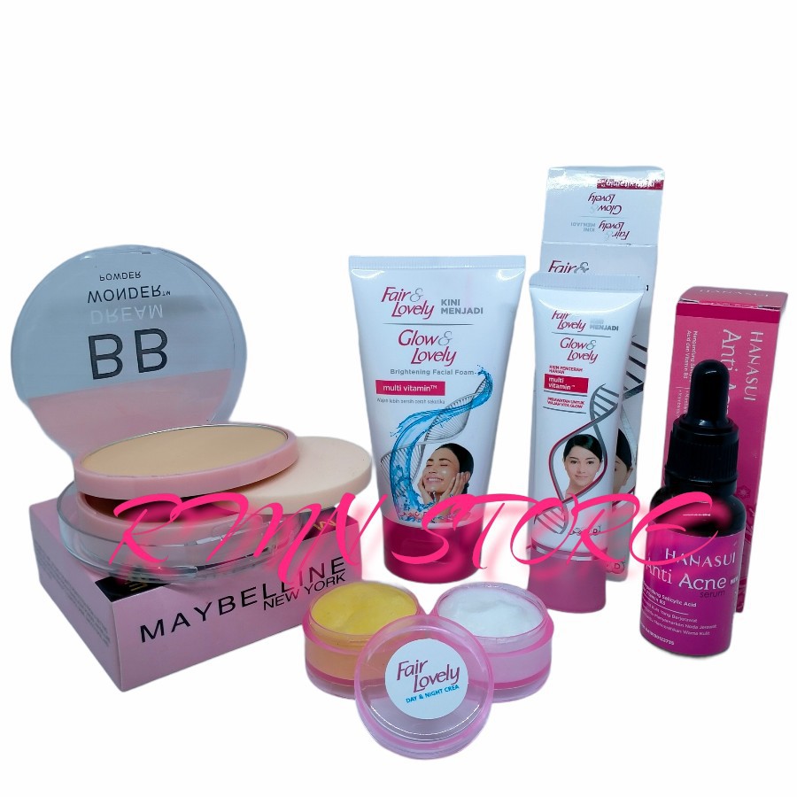 Paket 5in1 Fair&Lovely termurah Foam 50ml-Krim Siang Malam-Bedak BB Maybelline 2in1-Pelembab 25 gr-S