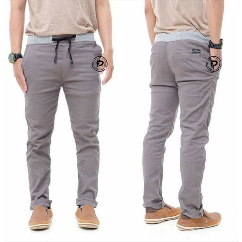 Celana Chinos Panjang Pria Pinggang Karet Kolor Rip Size 27-38 Katun American Drill  Berkualitas