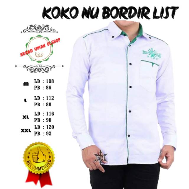 PROMO KEMEJA KOKO NU BORDIR PUTIH LIS HIJAU TERBARU / BAJU KOKO / SERAGAM HADROH / ALHARAMAIN